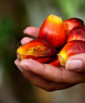A hand holding several fresh palm oil fruits with a reddish hue and smooth texture. - Olive Oil Times