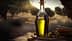 Glass bottle filled with olive oil next to a small bowl of olives on a wooden surface. - Olive Oil Times