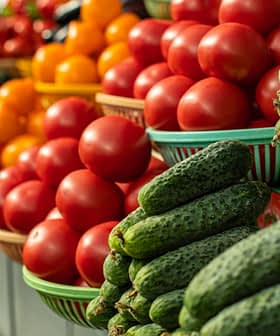 Baskets of cucumbers and tomatoes arranged in a market setting with vibrant colors. - Olive Oil Times