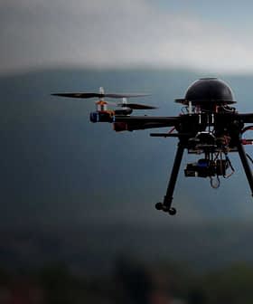 A quadcopter drone flying in the air with a blurred background of mountains. - Olive Oil Times