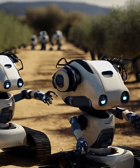 Two small robotic harvesters with cameras and tracks in an olive grove. - Olive Oil Times