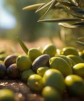 A variety of green and black olives scattered on the ground beneath olive trees. - Olive Oil Times