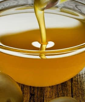 A bowl of olive oil being poured, surrounded by fresh green olives on a wooden surface. - Olive Oil Times