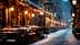 Outdoor dining area with tables and chairs on a snowy street during winter evening. - Olive Oil Times