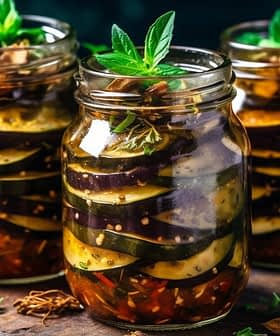Three jars filled with layers of pickled eggplant slices and herbs in a clear brine. - Olive Oil Times