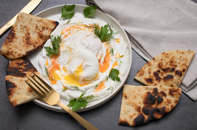 Poached Eggs and Yogurt with Smoky Pepper-Infused Olive Oil